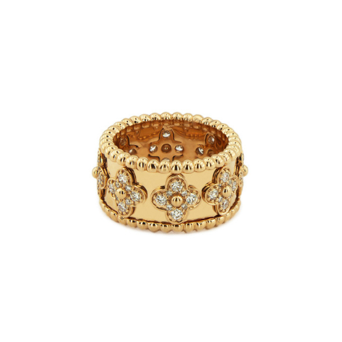 Brede Gouden Ring met Bloemmotief en Zirkonia